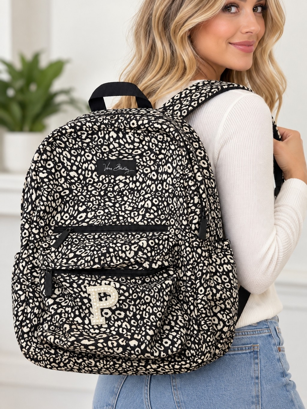 Vera Bradley Black White Leopard Backpack Large Pearl Rhinestone Initial P